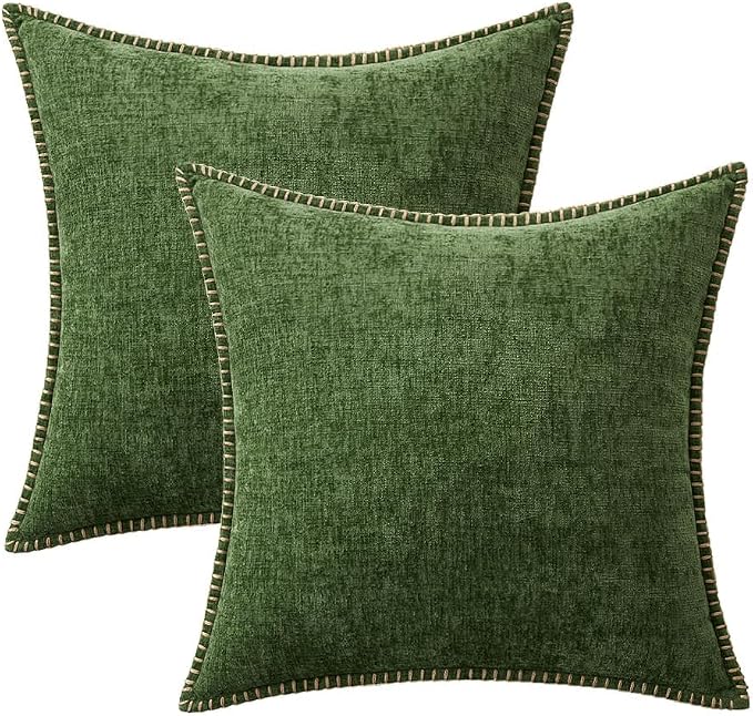 MIULEE Decorative Couch Throw Pillow Covers 18x18 Inch Forest Green 2 Pack | Farmhouse Pillow Covers with Stitched Edge, Soft Chenille Cushion Cases, for Sofa Bed Living Room Home Decor, Moss Green