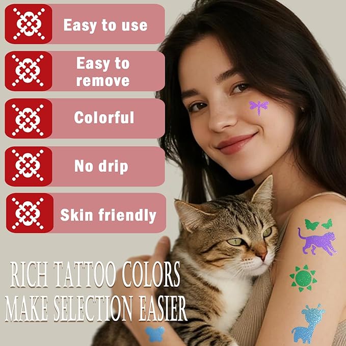 Temporary Tattoo Markers for Kids, 8 Metallic Markers and 135+ Temporary Tattoo Stencils for Christmas Party Favor, Cosmetic Tattoos Pens for Skin, Cartoon Animal