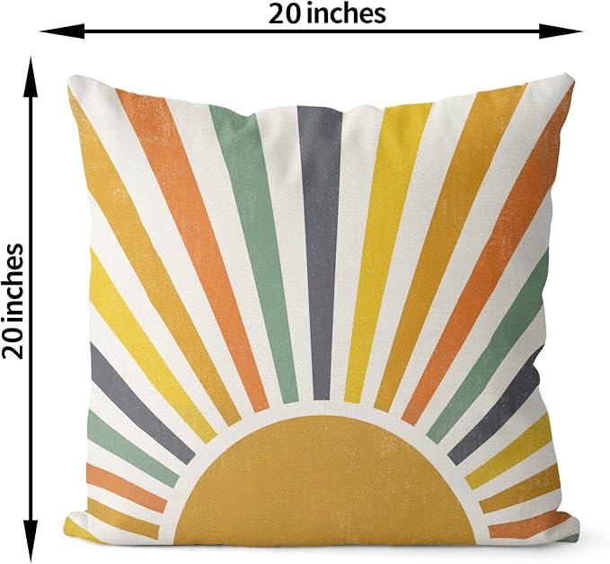 Boho Pillow Covers 20x20 Set of 2 Stripes Colorful Yellow Sunshine Decorative Pillow Cases Summer Rainbow Sun Outdoor Cushion Cover Cute Farmhouse Linen Decor Throw Pillows for Couch Sofa