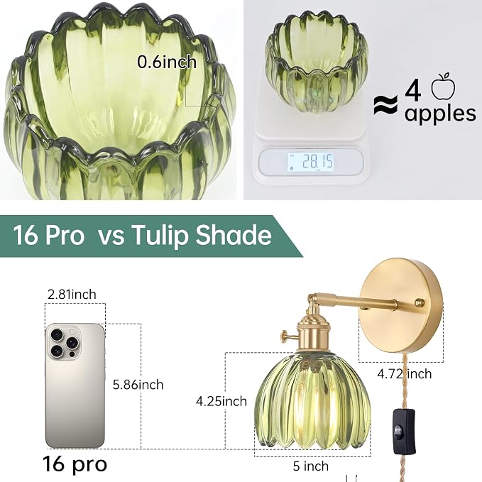 Shenmoyl Plug in Wall Sconce, Green Tulip Glass Lampshade Wall Light Plugin Corded for Bedside Bedroom Doorway