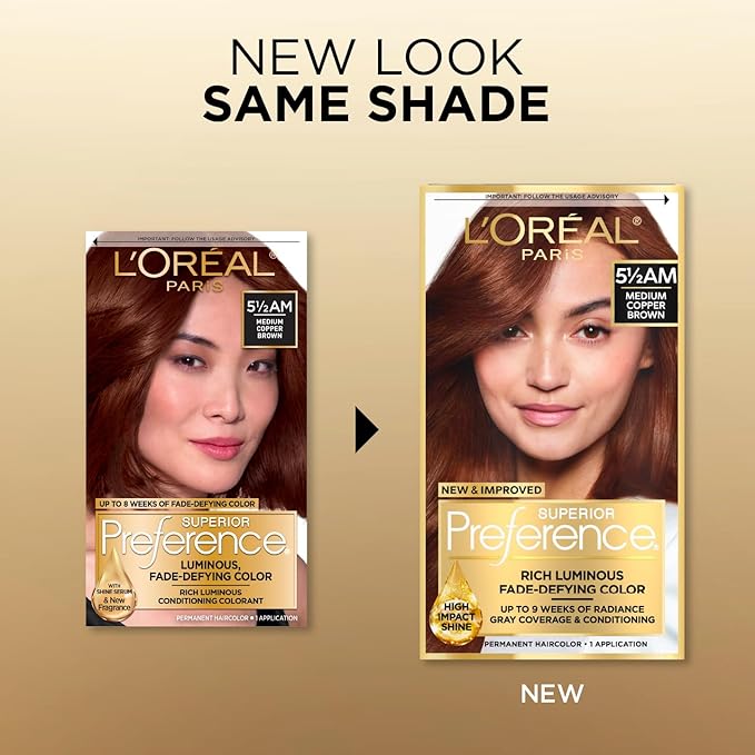 L'Oreal Paris Superior Preference Luminous Fade-Defying Permanent Hair Color, Hair Dye For Up to 9 Weeks of Radiance, Medium Amber Copper Brown 5.5AM, 1 Hair Dye Kit