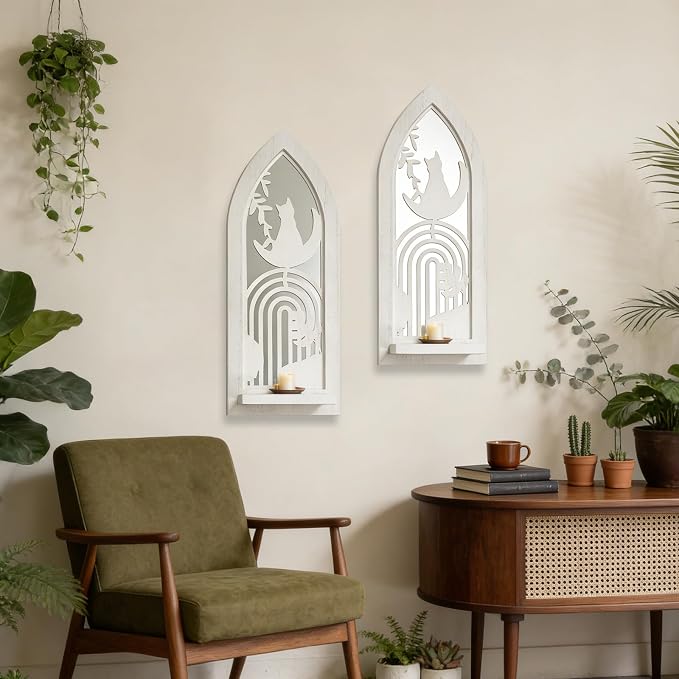ZEXUIRU 2 Set Rustic Candle Sconces Living Room Bedroom Entryway Wood Mirrored, Farmhouse, Carved Frame Wall-Mount Wooden Candle Holders Wall Decor Hanging Handmade Holder - Distressed White