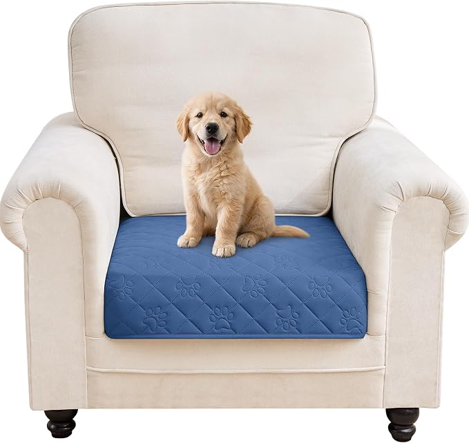 PAWFINITY Waterproof Arm Chair Covers for Dogs, Pet Blanket for Couch | Paw Print Quilted, Hair Resistant, Anti Cat Scratch, Washable Furniture Protector for Single Sofa Cushion, 30x30 Inch, Blue