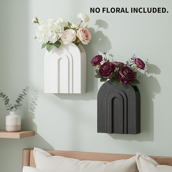 2 Pack Wooden Wall Vase Set in Black and White for Dried Flowers | Two-tone wall-mounted vases for pampas grass and faux greenery; modern boho wall decor for living room, hallway or entryway