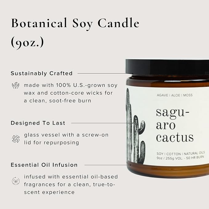 Broken Top Saguaro Cactus Pure Soy Candle | 9 oz. | Agave, Aloe & Moss. 50-Hour Burn Time. Natural Cotton Wick, Vegan, No Parabens, No Phthalates