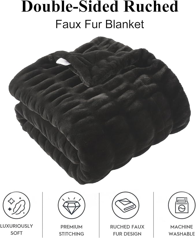 BATTILO Soft Faux Fur Throw Blanket for Couch, Double Side, 60"x80", Black | Black Throw Blanket, Bubble Blanket, Cozy Warm Fluffy Faux Fur Blanket For Bed, Sofa Living Room