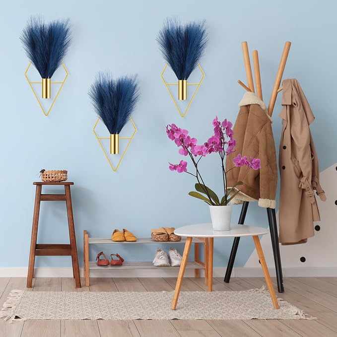 Hanaive 4 Sets Boho Wall Decor Metal Wall Art Hanging Planters with Artificial Pampas Display Modern Home Vase for Bedroom Home Office(Soft,Dark Blue)