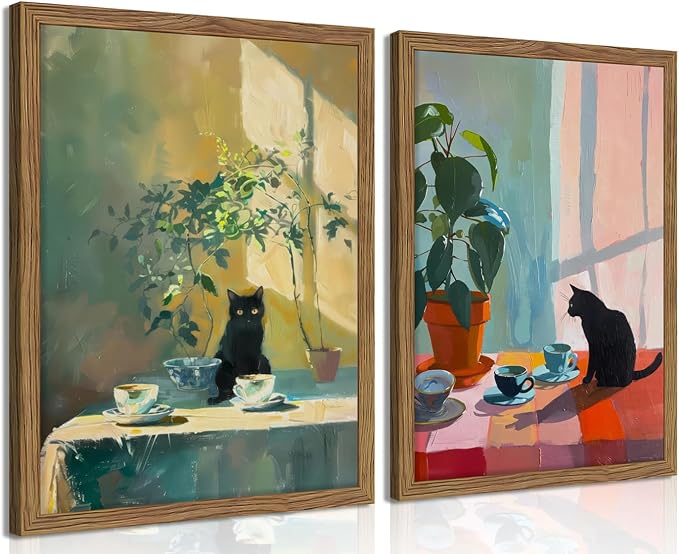 Framed Black Cat Wall Art Set of 2, Vintage Funny Cat Coffee Canvas Wall Decor Paintings, Moody Cute Animal Artwork Prints Picture for Kitchen Dining Room Living Room 12x16 Inch