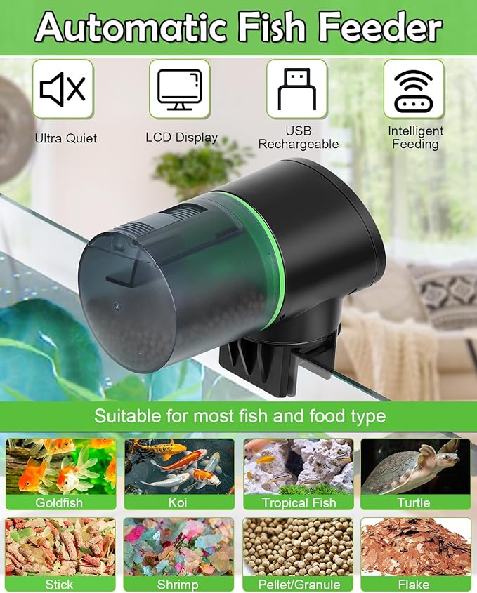 Automatic Fish Feeder for Aquarium Easy Setup & 4 Timers Black | 200ML Rechargeable Auto Food Dispenser for Flakes & Pellets, LCD Display, Vacation Feeding for Small Tank Betta Koi Turtle