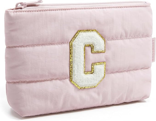 BAGSMART Personalized Makeup Bag with Initial, Pink Small Cosmetic Travel Organizer, Water-Resistant Pouch for Women & Teens for Bridesmaid Graduation (Initial-C, Small)