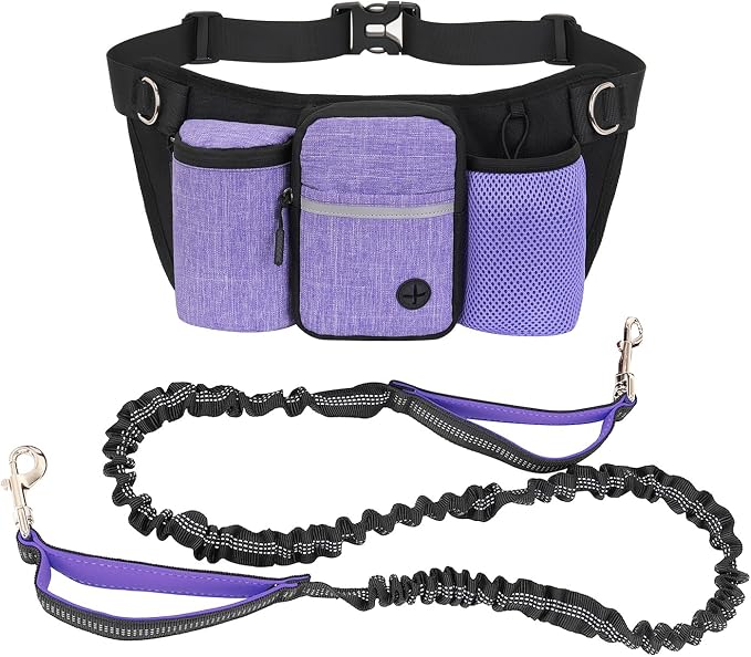 Hands Free Dog Leash Waist Pack with Bungee & Treat Pouch Oxford Water-Resistant Multi-Pocket Belt for Walking Hiking Jogging and Dog Walking (Purple)