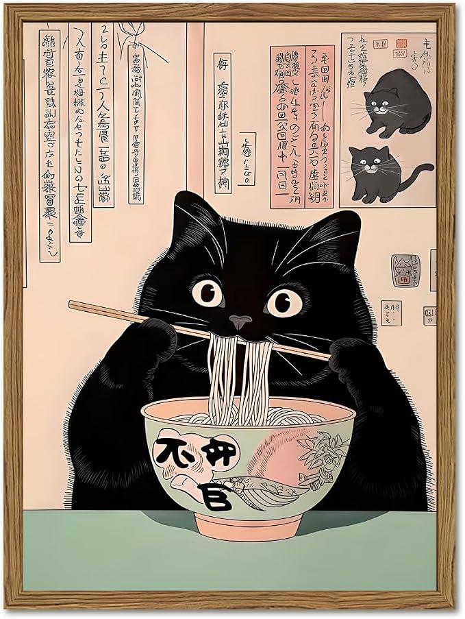 Funny Japanese kitchen Black Cat Wall Art, Whimsical Cat Eating Noodles Wall Decor Painting, Cute Animal Canvas Poster Eclectic Pet Dining Room Prints Artwork Wood Framed 16x24 inch