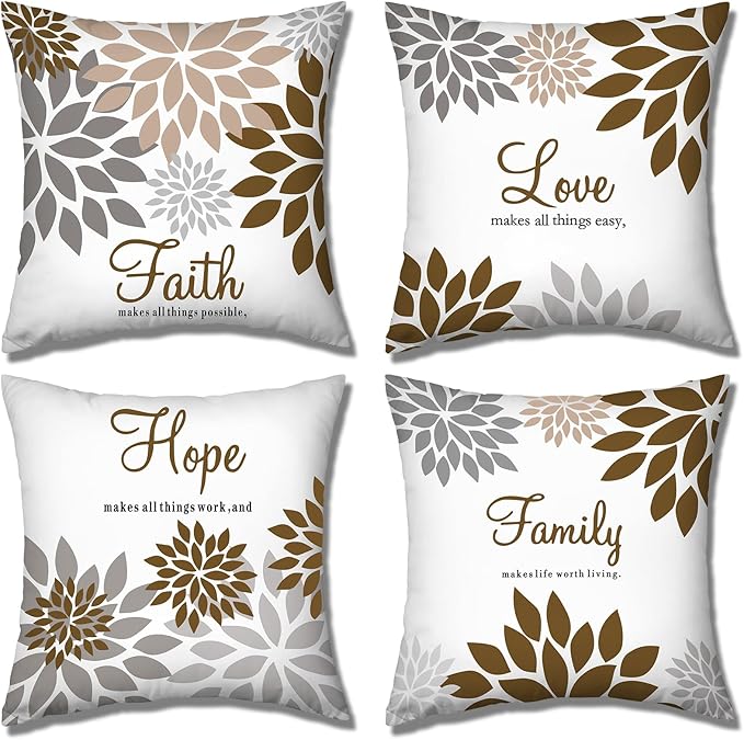 Tatuo 4 Pcs Flower Pillow Covers Square Summer Pillow Cushion Cases 18 x 18 Inch Family Faith Hope Love Words Decorative Spring Winter Cushion Case for Bed Couch Sofa Living Room(Dark Brown Series)