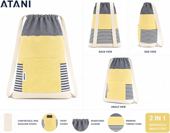 ATANI Turkish Beach Towel (71x39 Inches), Converts to a Bag, Oversized 100% Cotton Bath Towels Lightweight Quick-Dry Beach Blanket for Travel, Picnic, Camping, Yoga and Pool (Black x Yellow)