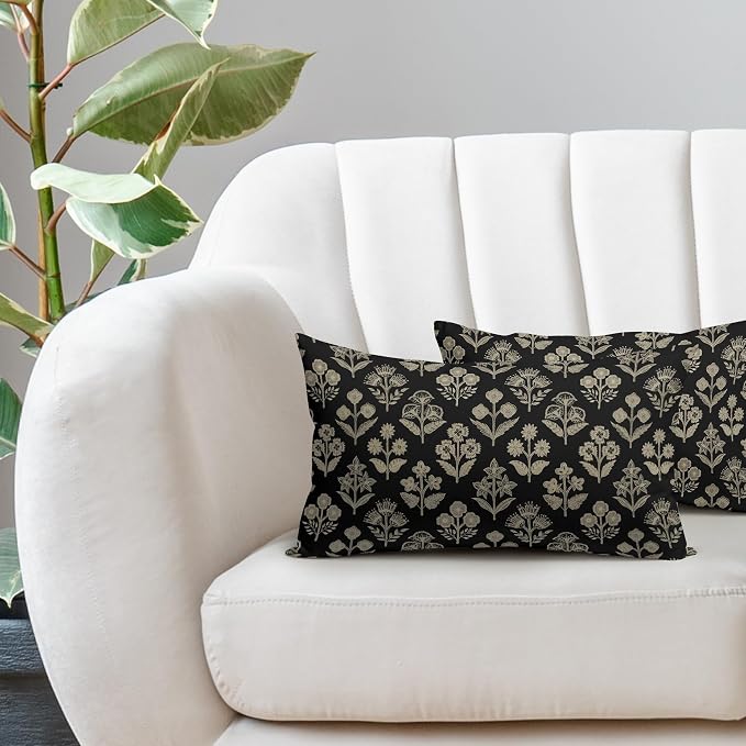 Black Pillow Covers 12x20 Inch Set of 2, Cream Floral Block Print Pattern Lumbar Decorative Throw Pillowcases Outdoor Farmhouse Rectangle Cushion Covers Spring Summer Sofa Couch Bed Decor