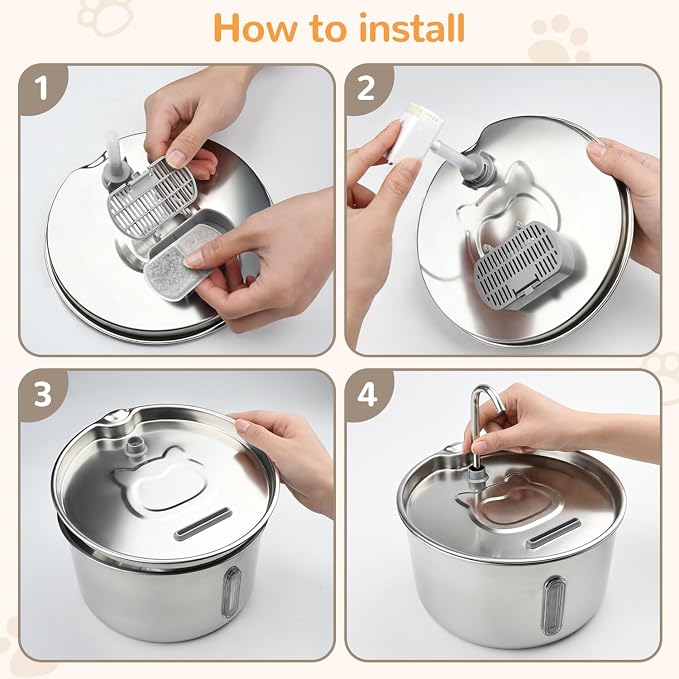 Stainless Steel Cat Water Fountain, 135oz/4L, 12 Filters | Automatic Pet Water Dispenser with Ultra-Quiet Adjustable Pump and 3 Flow Modes for Cats, Dogs, Multi-Pet Homes