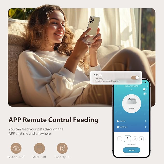 IMIPAW Automatic Cat Feeder, 5G WiFi Food Dispenser with APP Remote Control, Pet Dry Food Smart Feeder, Programmable Timed Feeding, Dual Power Supply, 1-10 Meals, Desiccant Bag, Stainless Steel Bowl