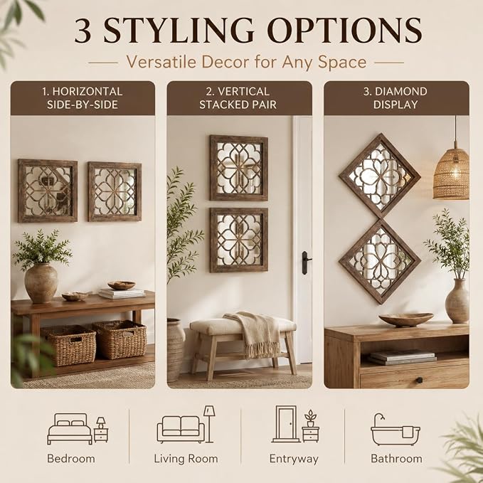 Boho Wall Mirror Decor, Set of 2 Rustic Farmhouse Mirror 12x12 Inch, Square Shatterproof Vintage Style Mirrors for Wall, Small Decorative Mirrors for Living Room, Bedroom，Maroon
