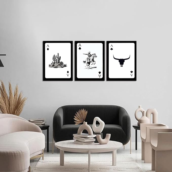 Western Cowboy Wall Art Set of 3 Southwestern Cowboy Print Playing Card Canvas Wall Decor Longhorn Bull Skull Poster Picture Prints Painting for Bedroom Living Room 16x24 In Framed