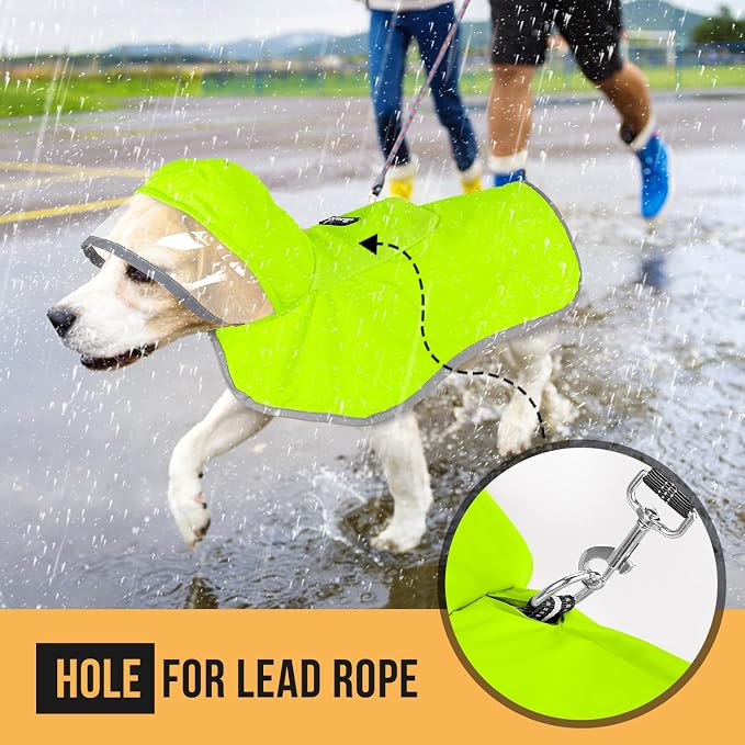 Lukovee Dog Raincoat, Waterproof Rain Jacket, Clear Hood & Reflective Rim | Easy On Off Adjustable Straps, Leash Hole, Soft Mesh Lining, Storage Pocket, Poncho for Small Medium Large Dogs (Green, S)