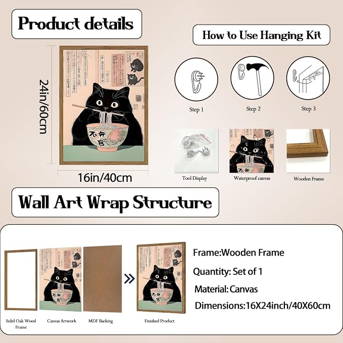 Funny Japanese kitchen Black Cat Wall Art, Whimsical Cat Eating Noodles Wall Decor Painting, Cute Animal Canvas Poster Eclectic Pet Dining Room Prints Artwork Wood Framed 16x24 inch