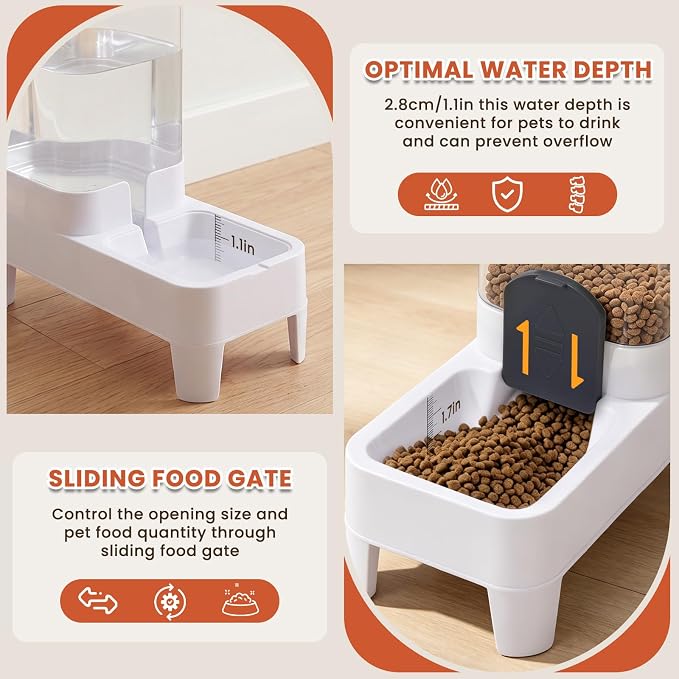 Automatic Cat Feeder and Water Dispenser Set, Top Fill Water&Food Gravity Feeder with Bowl,Easy to Hand-Washable,Elevated Base Design,Suitable for Small&Medium Cat and Dog(4L,White)