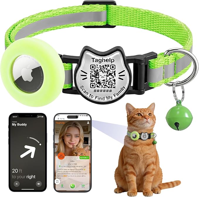 Cat Collar with AirTag Holder, QR Code Tag and Bell (Neon Green)