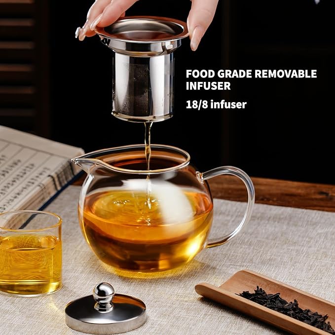 PARACITY Glass Teapot Stovetop 34OZ, Borosilicate Clear Tea Kettle with Removable 18/8 Stainless Steel Infuser, Teapot Blooming and Loose Leaf Tea Maker Tea Brewer (transparent, 34oz/1000ML)
