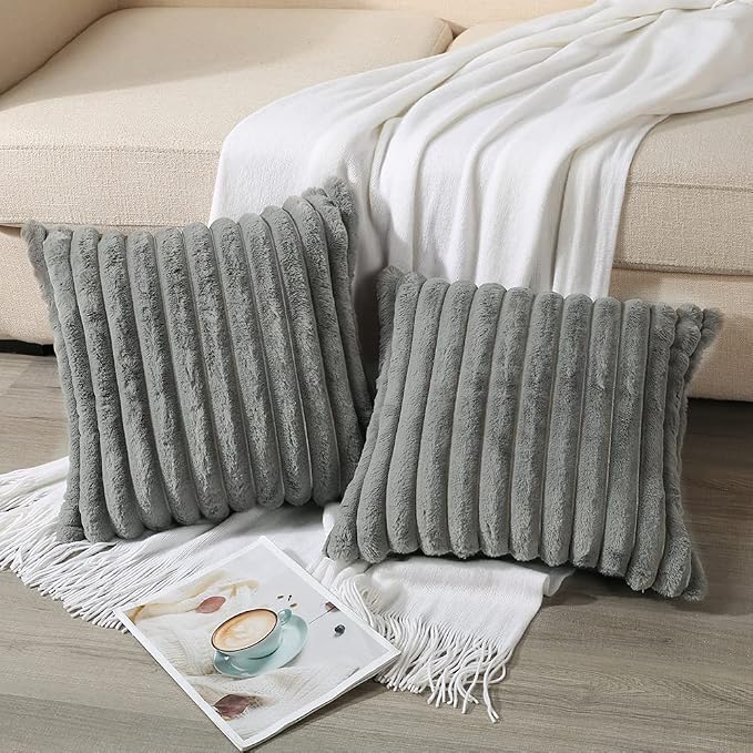 Soleebee Set of 2 Throw Pillow Covers Soft Cozy Velvet Pillowcase Faux Rabbit Fur Cover for Couch Sofa Bed Chair Home Decorative Pillows Cover (18x18 Inch, Grey)
