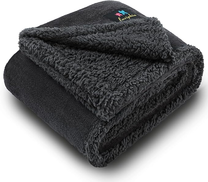 Luciphia Waterproof Bed Blanket Washable,Soft Sherpa Fleece Puppy Reversible Throw Blankets for Small Dog Cat, Furniture Cover Protector Couch Bed from Liquid Pee and Pet Fur, Black, 40" x 28"