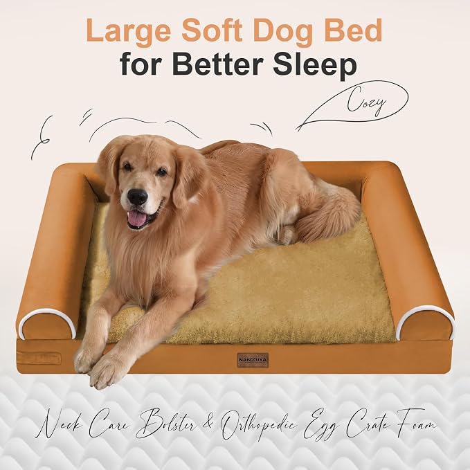 Orthopedic Dog Bed for Large Dogs, 36 x 27 Inch, Orange | Egg crate foam for joint support, 3-sided bolster pet sofa, waterproof lining, washable cover, and non-skid base