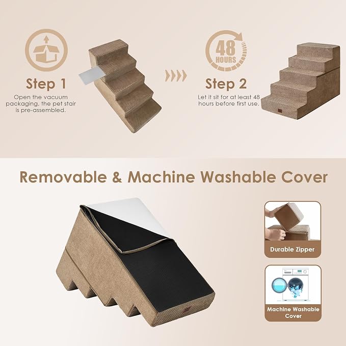 EHEYCIGA Dog Stairs for High Bed 25" H, Extra Wide Dog 5-Step, Camel | Pet Steps for Small Dogs and Cats for Bed, Non-Slip Balanced Pet Ramp Indoor