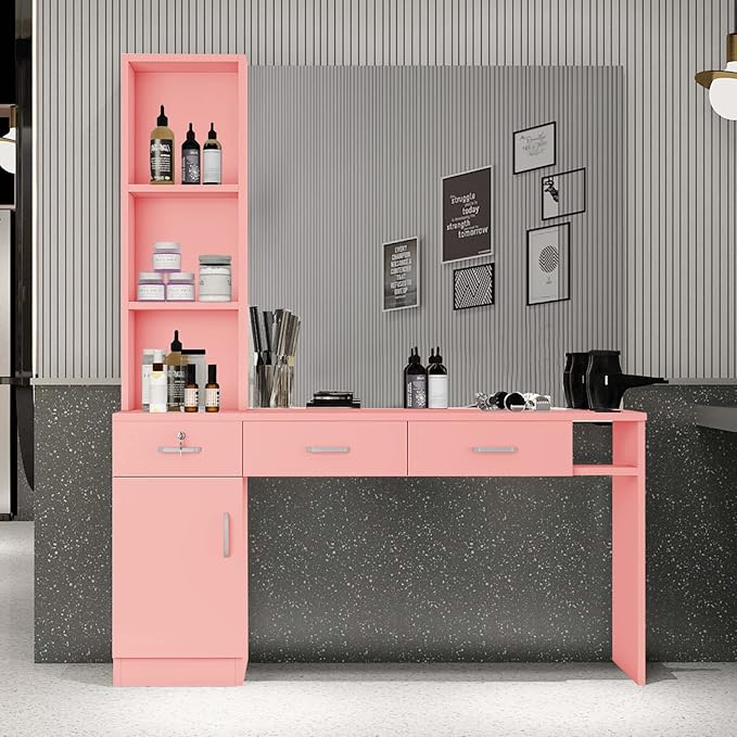 Paddie Barber Salon Station Wall Mount Hair Styling Salon Equipment Set Beauty Spa Furniture Set, Lockable Left Shelf, Mirror not Included (Rose Pink)