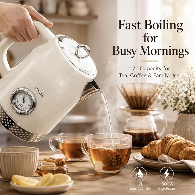 Retro Electric Kettle, 1.7L 304 Stainless Steel Tea Kettle with Temperature Gauge, 1500W Fast Boiling Water Boiler,Auto Shut-Off & Boil-Dry Protection, BPA-Free (Off-white)