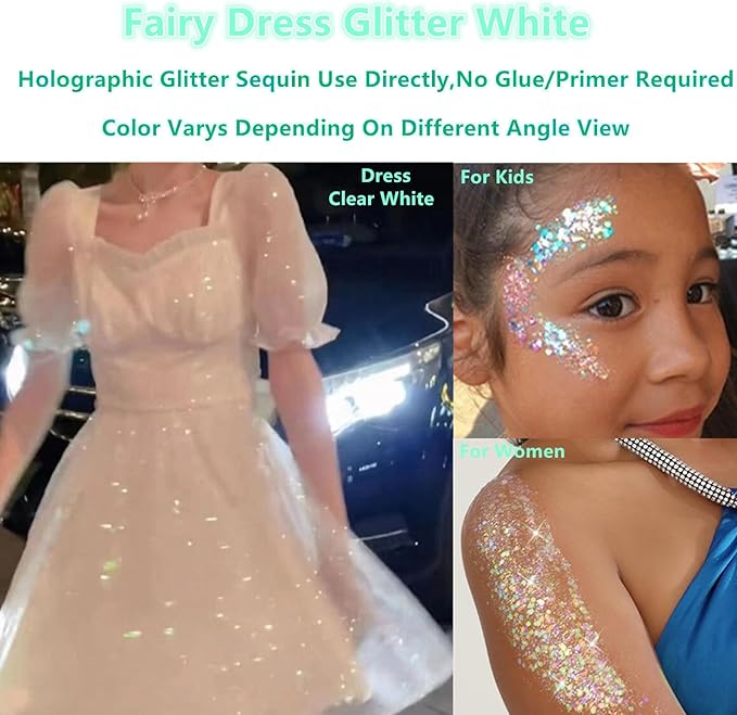 Go Ho 2PCS White Face Body Glitter Gel,Singer Concerts Face Glitter Makeup,Holographic Long Lasting Chunky Sequins Glitters for Eye Lip Hair Nails,Festival Rave Accessories,06 Fairy White Glitter