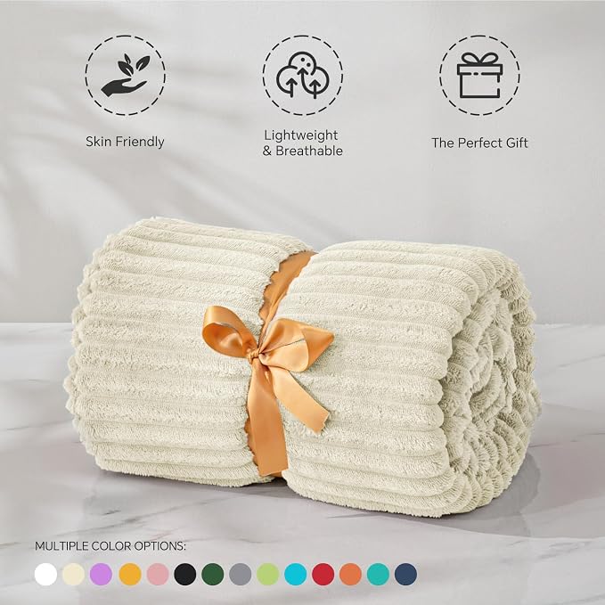 BEDELITE 3D Ribbed Jacquard Beige Fleece Twin Blanket for Bed, 60x80 Inch | Soft Warm Decorative Fluffy Blanket, Cozy Plush Lightweight Fuzzy Throw Blanket for Couch Sofa Room Decor, Gift for Women