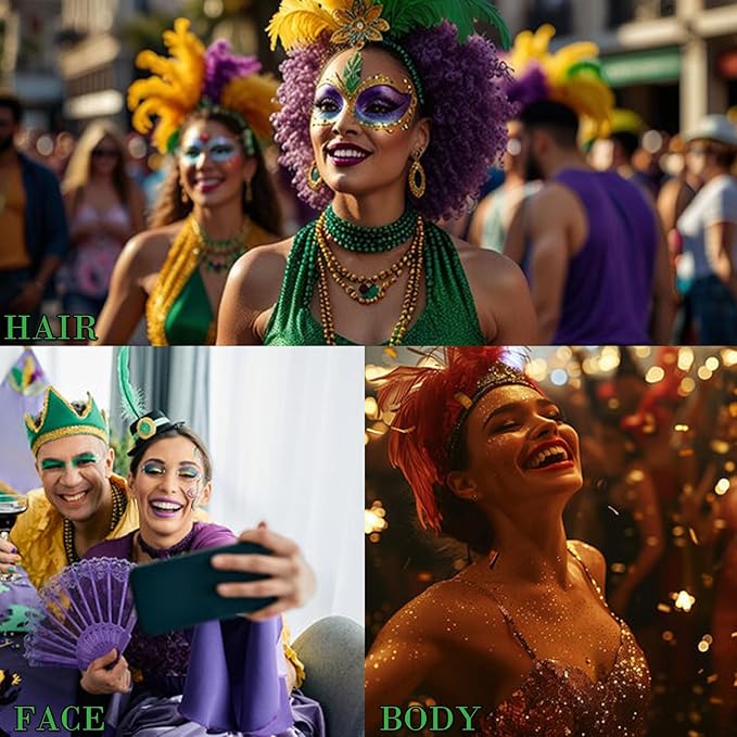 Mardi Gras Accessories Gold Hair Face Glitter,Green Purple Gold Mixed Holographic Body Glitter,Mardi Gras Outfit for Women Kids,Festival Sequins for Body, New Orleans Carnival Decorations