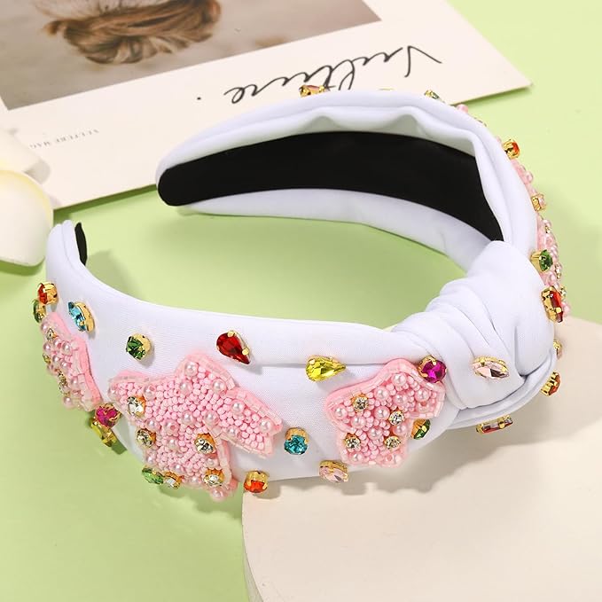 mokkia Easter Headbands Beaded Rabbit Bunny Headband for Women Pink Spring Knotted Headband Easter Hair Accessories Gifts
