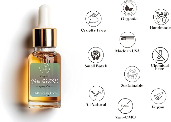 Organic Poke Root Castor Oil | Vegan Lymphatic Support | Cysts, Boils, Fibroids, Swollen Lymph Nodes, Breast & Joint | Natural Deep Tissue Massage | Made in The USA (1oz, Morning Bloom)