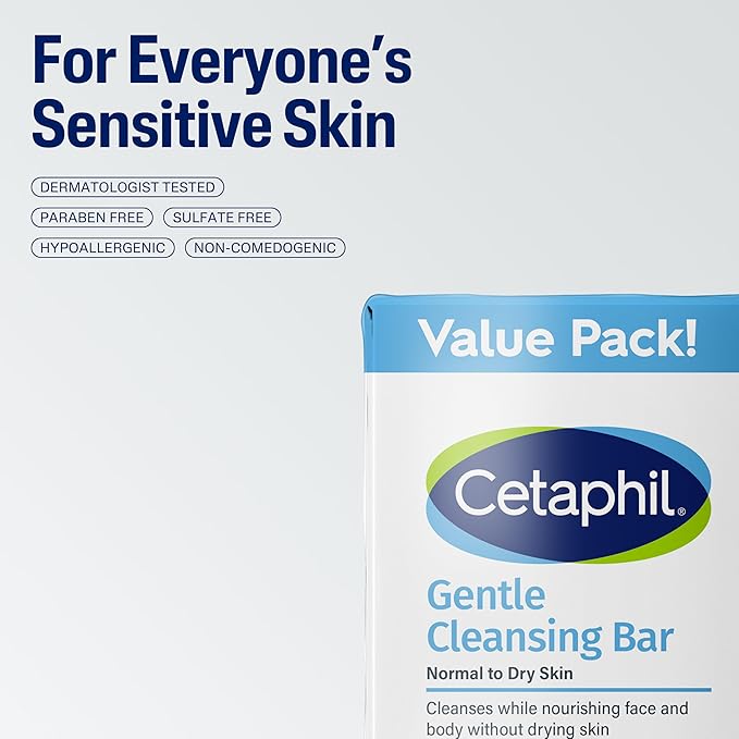 Cetaphil Gentle Cleansing Bar, 4.5 oz Bar (Pack of 6), Nourishing Cleanser Bar For Dry, Sensitive Skin, Non-Comedogenic, (Packaging May Vary)