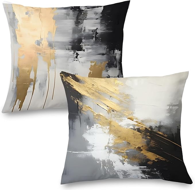 White Black and Gold Pillow Covers 18x18 Set of 2, Modern Black and White Pillow Covers for Couch Bed Living Room