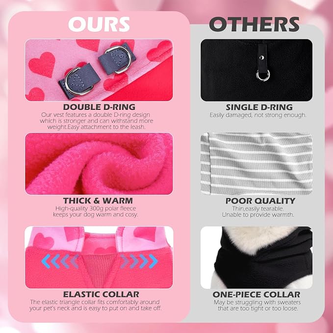 Fleece Dog Sweater - Valentine's Day Romantic Heart Dog Jacket, Winter Coat Vest with 2 D-Rings for Leash, Warm Pet Cold Weather Clothes Sweatshirt Outfits for Puppy Boys or Girls Pink M