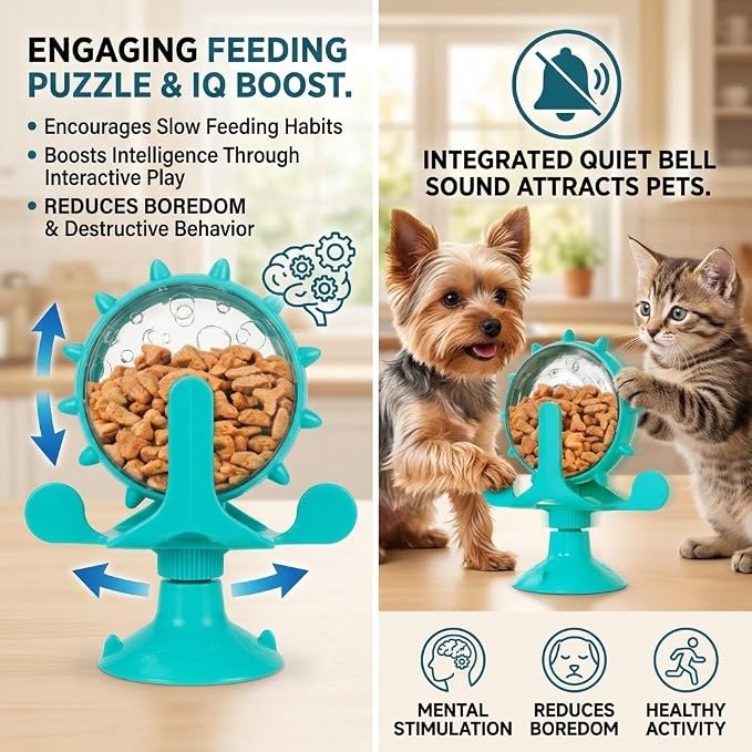 Ipetboom Cat Feeding Toy Rotating Windmill Treat Dispenser Pet Slow Food Toy with Leakage Hole Interactive for Cats and Puppies Vertical Spinning Food Wheel 5.11X1.57X6.69in