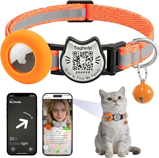 Cat Collar with AirTag Holder, QR Code Tag and Bell (Orange)