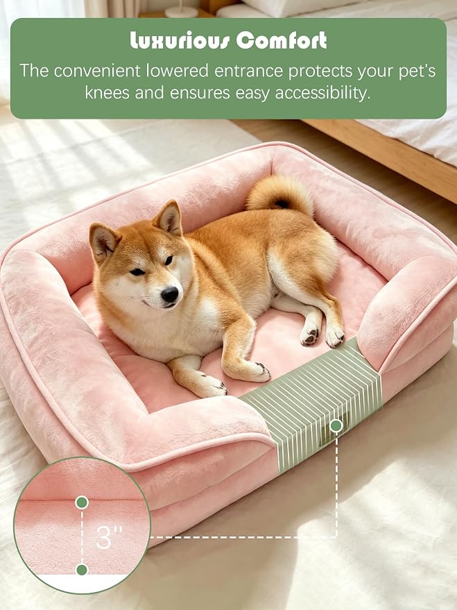 Spotted Play Orthopedic Dog Bed with Sides - Sofa Beds for Medium Dogs, Supportive Foam Pet Couch Bed with Washable Removable Cover, Waterproof Lining and Non-Slip Bottom, Pink - M
