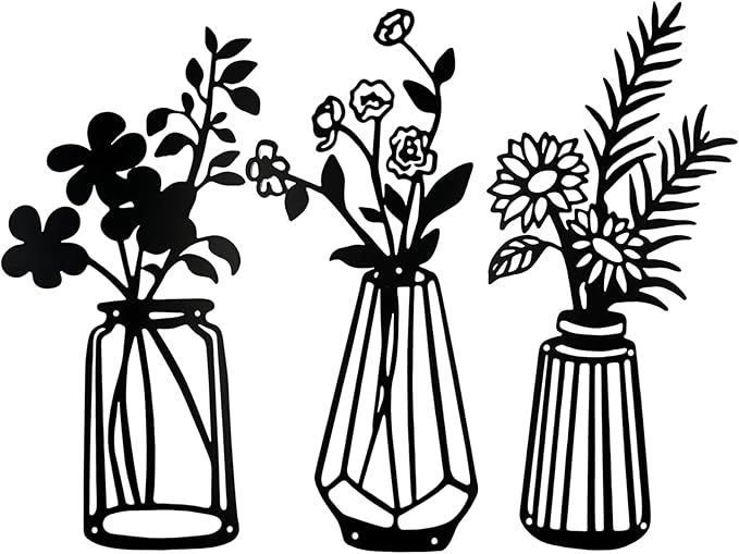 3 Pcs Metal Flowers Wall Arts,Black Metal Vase Wall Art,Iron Art Painting,Rustic Farmhouse Decor Minimalist Flower Decor for Bedroom Bathroom Living Room Dining Room(Black, Vase-B)