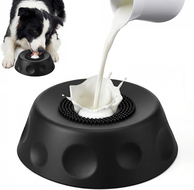 Dog Licking Bowl with Rolling Ball - Slow Feeder Dog Lick Bowls for Yogurt Liquid Treat, Anti-Slip Entertained Bone Broth 5/6 Cup Pup Licking Toy for Large Medium Small Pet Cats Dietary Black