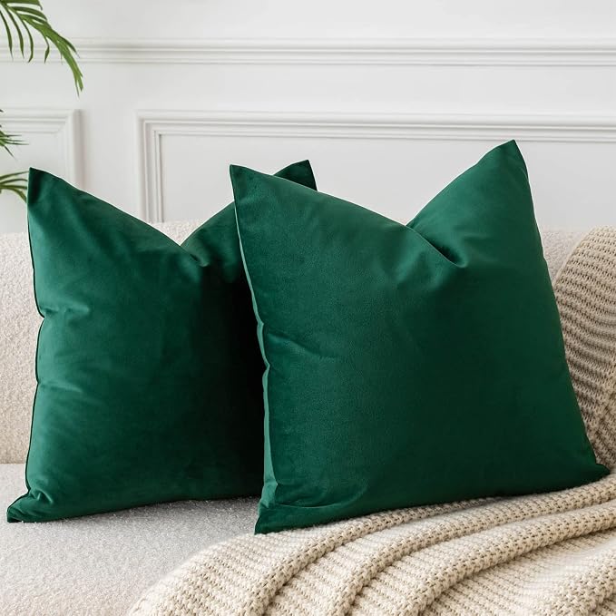 Dark Green 26x26 Decorative Velvet Euro Throw Pillow Covers Case Set of 2 | JUSPURBET Cozy Soft Couch Covers with Invisible Zipper for Modern Couch Sofa Bed Living Room Bedroom Home Decor Christmas