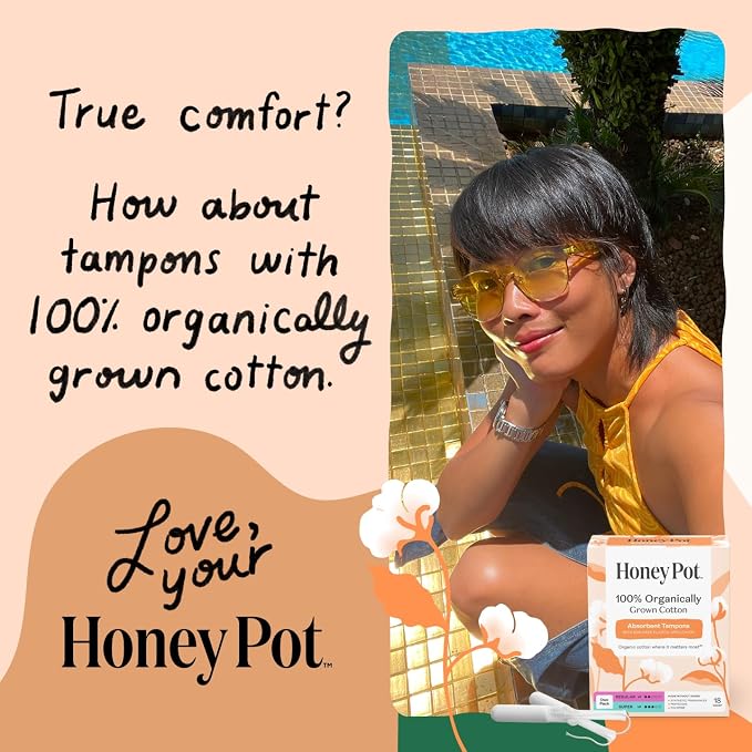The Honey Pot Company - Regular Absorbency - 100% Organic Cotton Core Tampons w/Bio Plastic Applicator - Feminine Care – Unscented - 54 Count (3 Packs of 18)