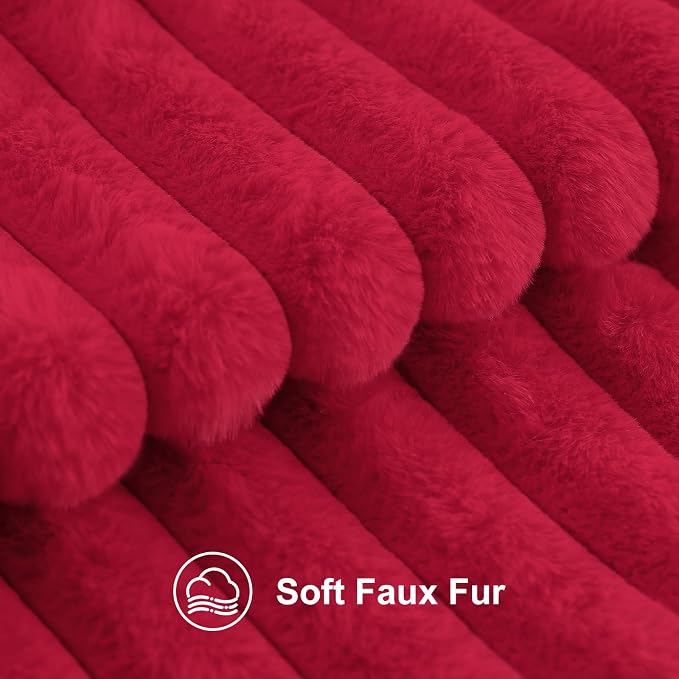 decorUhome Fall Faux Fur Throw Pillow Covers 12x20 Set of 2 Red | Decorative Soft Cozy Striped Plush Modern Farmhouse Boho Couch Pillow Cases Velvet Back for Sofa Bed Living Room Home Decor